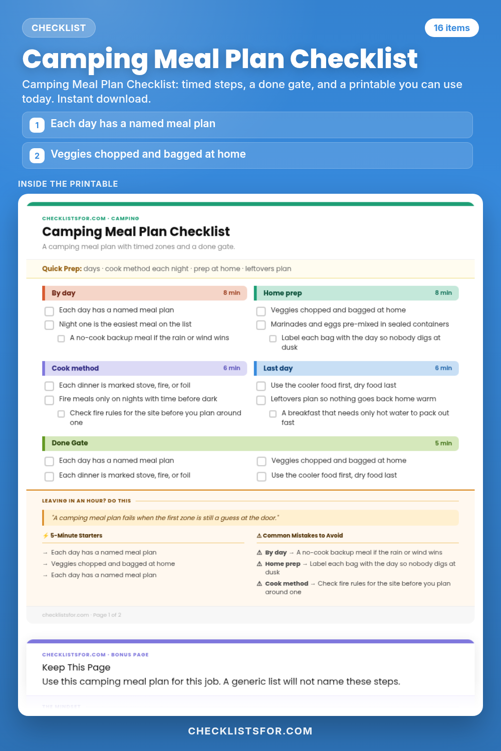 Camping Meal Plan Checklist cover, interactive checklist
