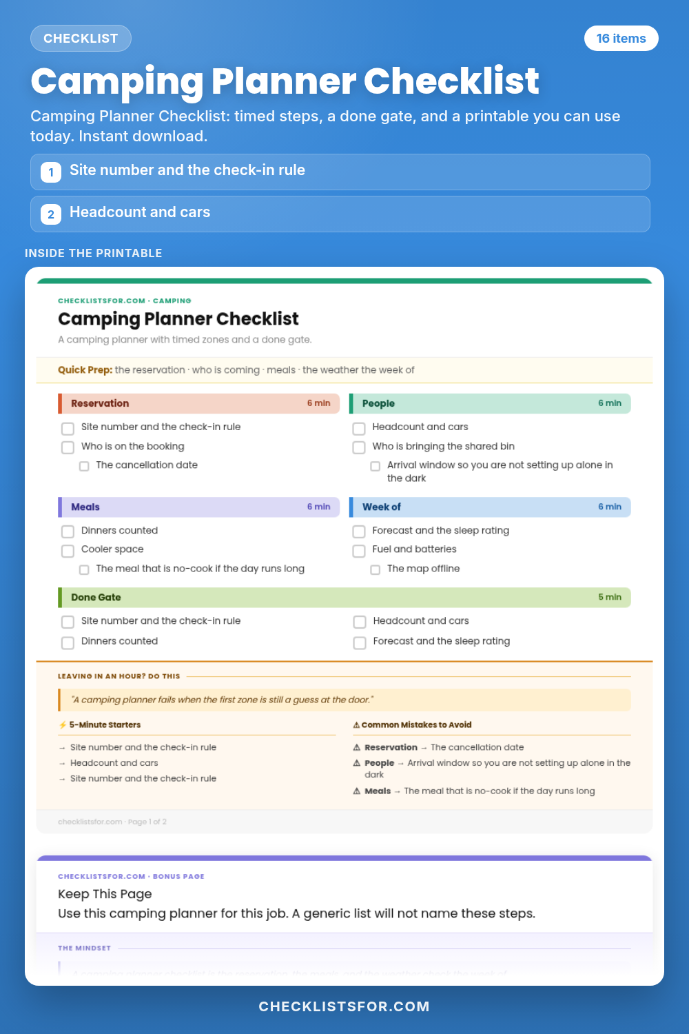 Camping Planner Checklist cover, interactive checklist