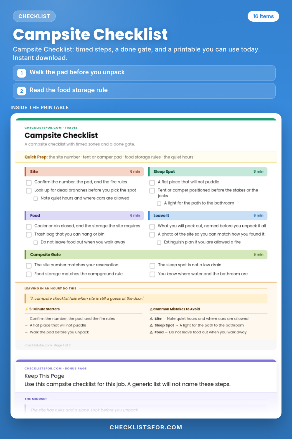 Campsite Checklist cover, interactive checklist