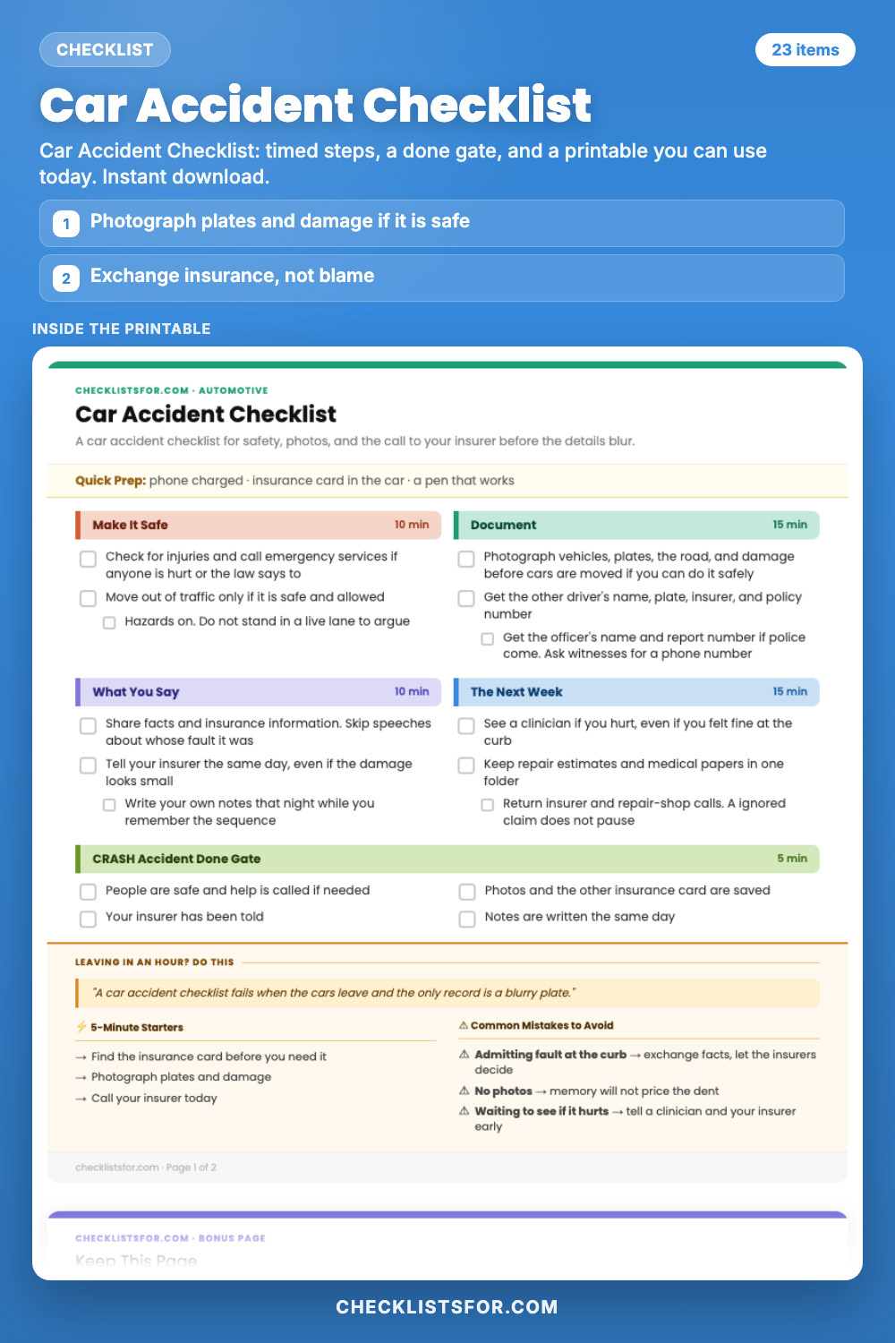 Car Accident Checklist cover, interactive checklist