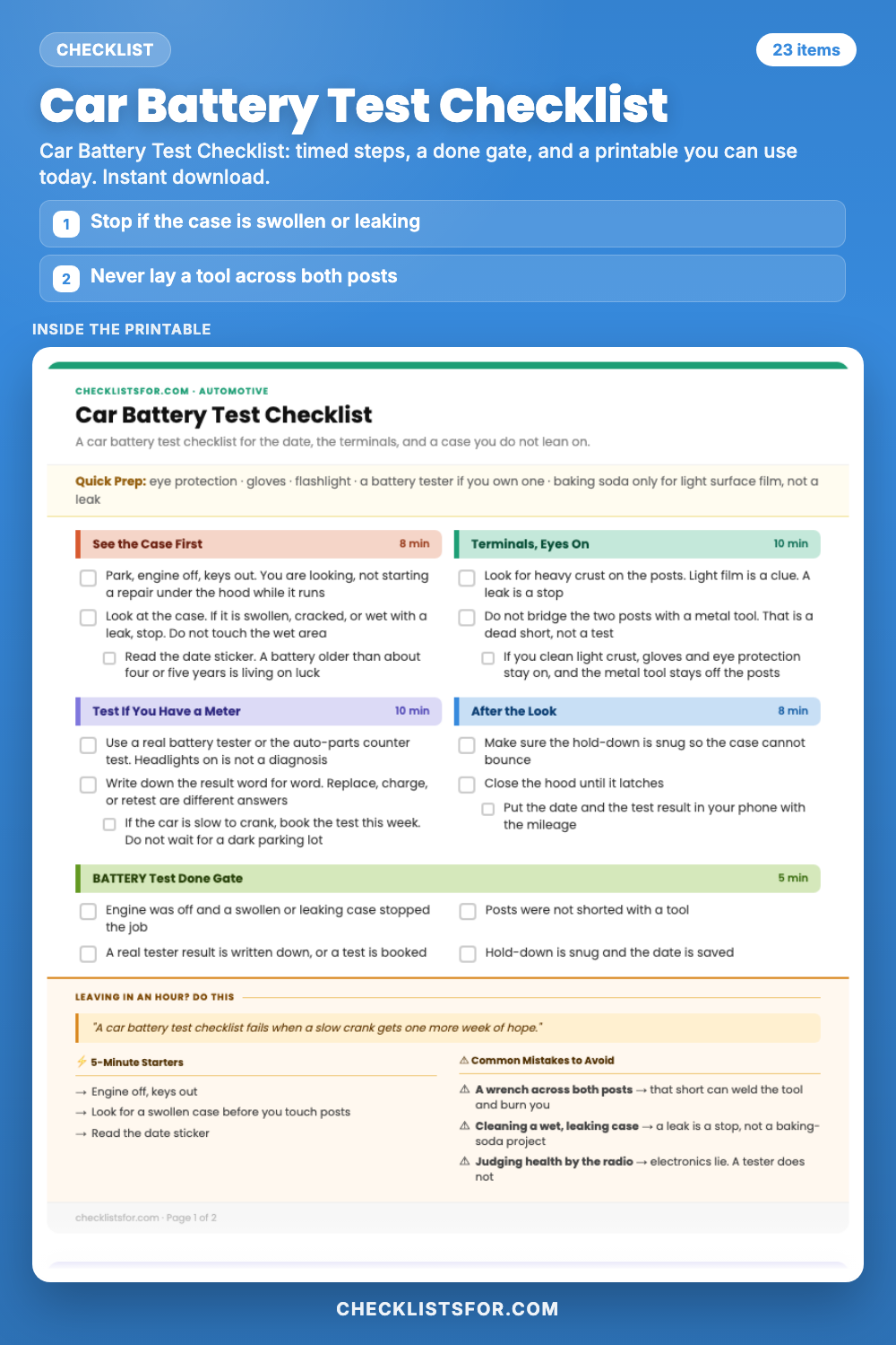 Car Battery Test Checklist cover, interactive checklist