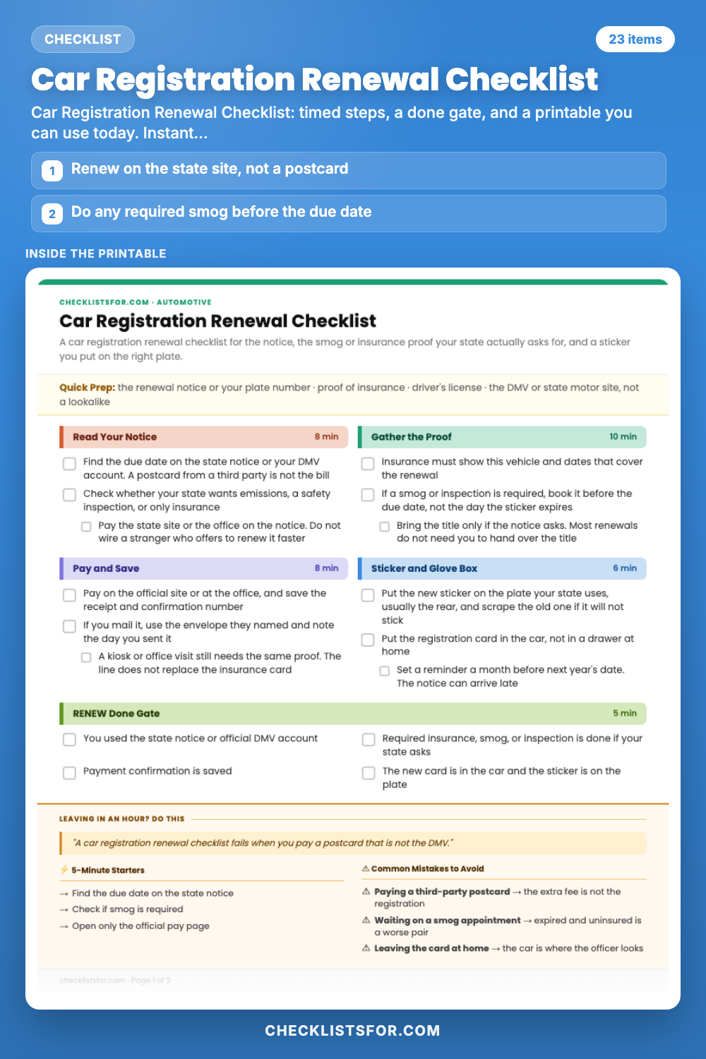 Car Registration Renewal Checklist cover, interactive checklist