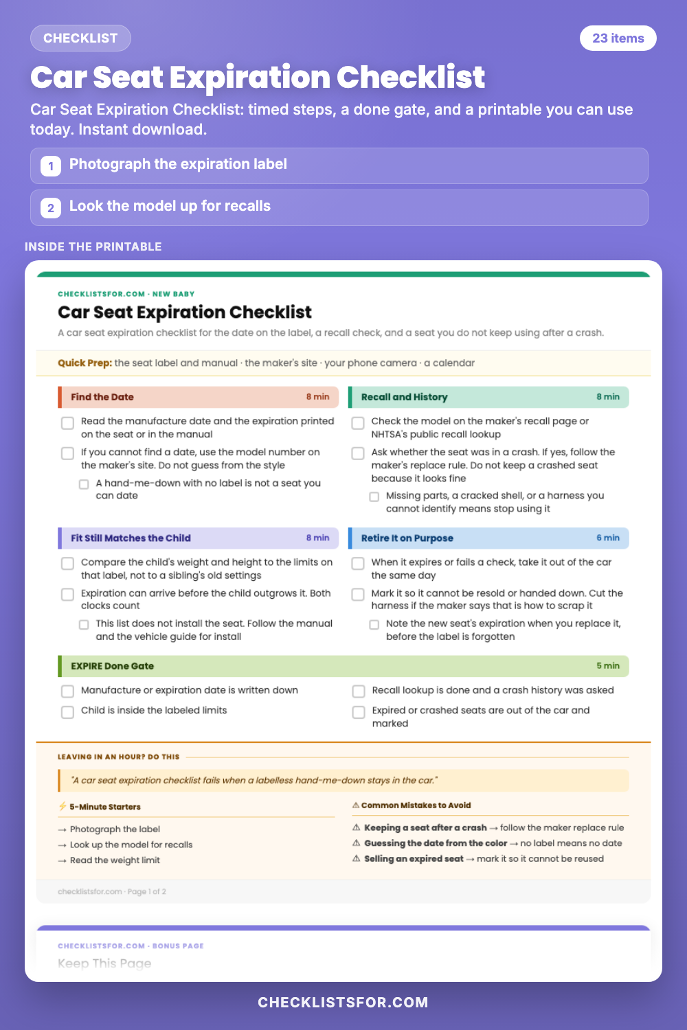 Car Seat Expiration Checklist cover, interactive checklist
