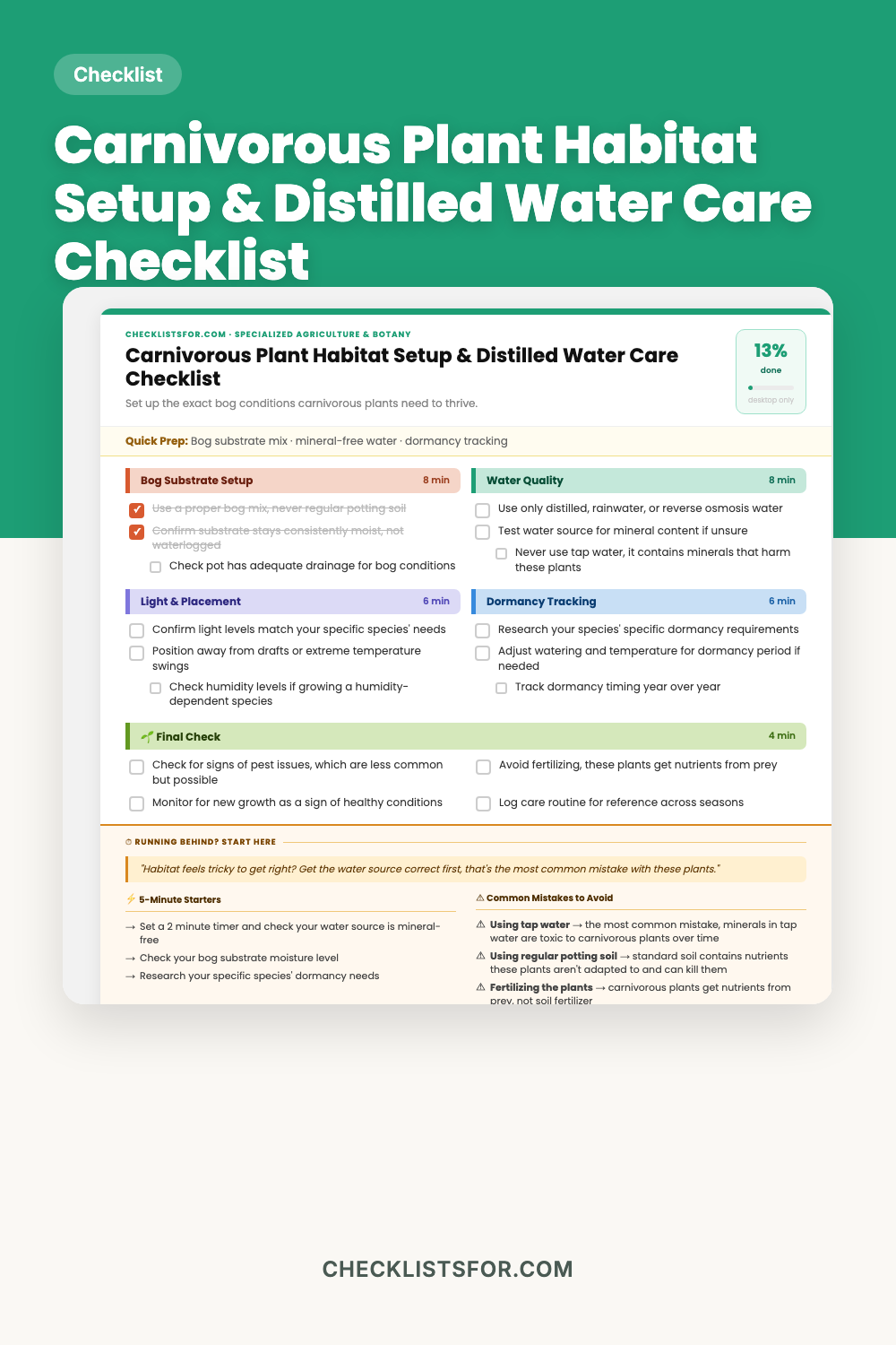 Carnivorous Plant Habitat Setup & Distilled Water Care Checklist