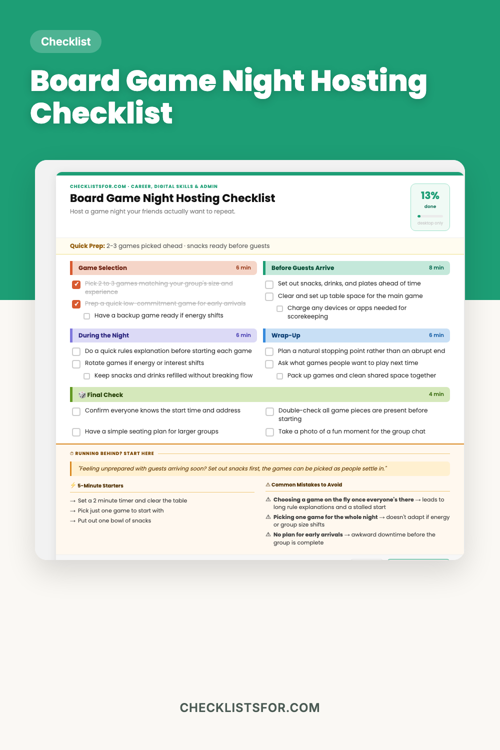 Casual Board Game Night Hosting Checklist cover, social event tracker