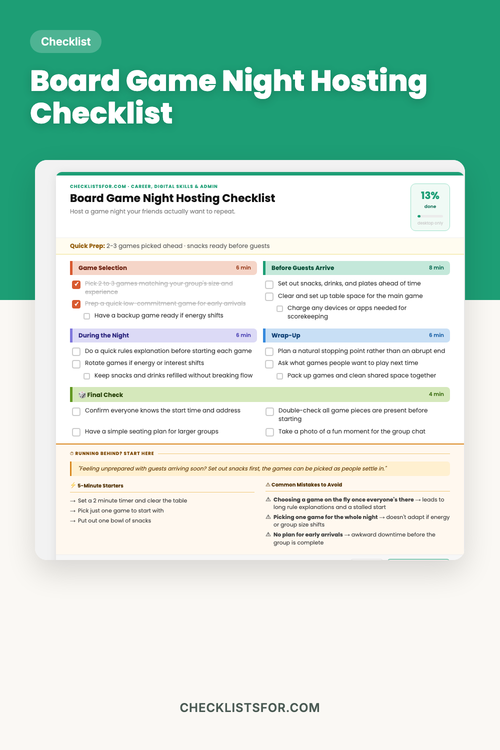 Casual Board Game Night Hosting Checklist cover, social event tracker