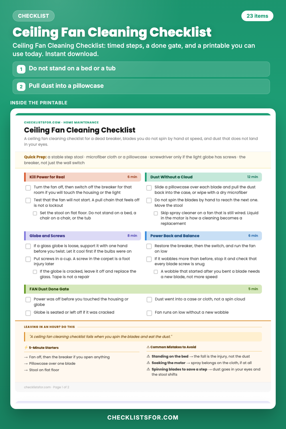 Ceiling Fan Cleaning Checklist cover, interactive checklist