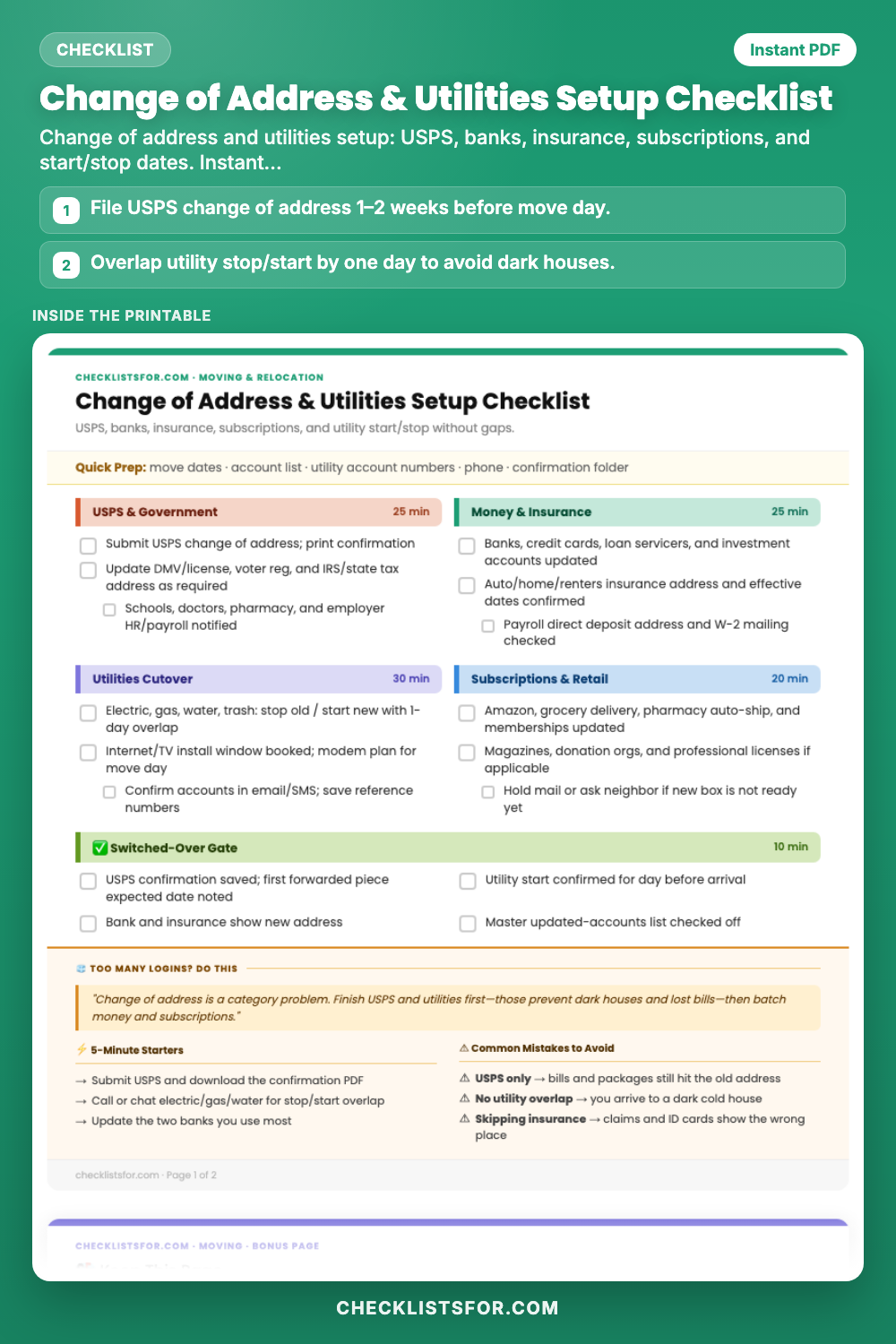 Change of Address & Utilities Setup Checklist cover, interactive checklist