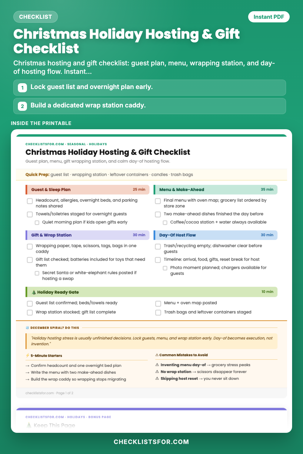 Christmas Holiday Hosting & Gift Checklist cover, interactive checklist