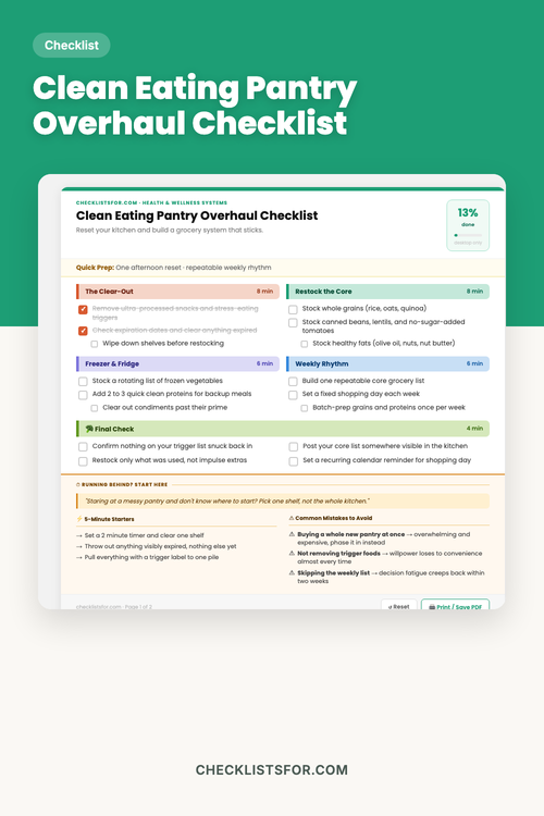 Clean Eating Pantry Overhaul Checklist cover, grocery prep planning