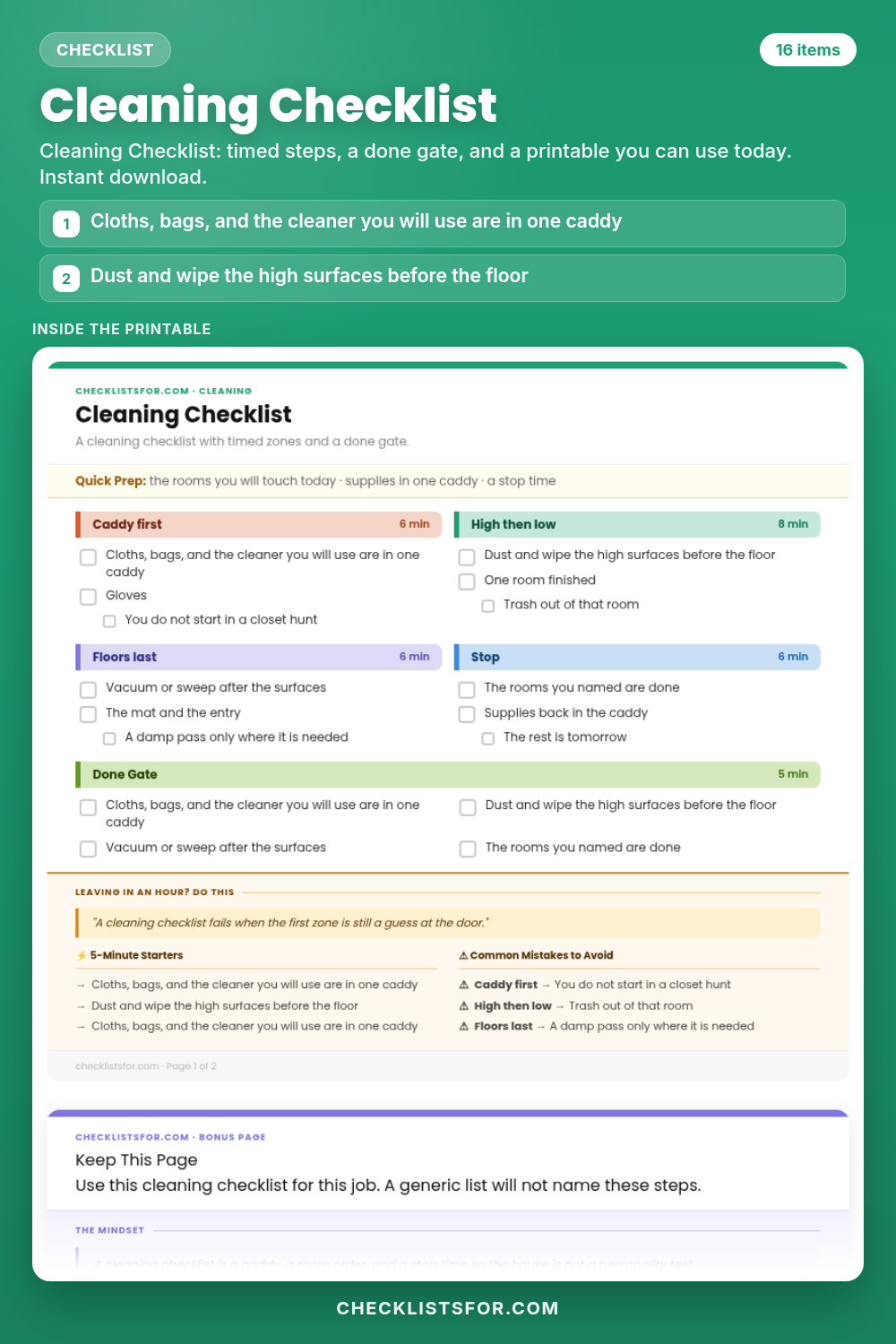 Cleaning Checklist cover, interactive checklist