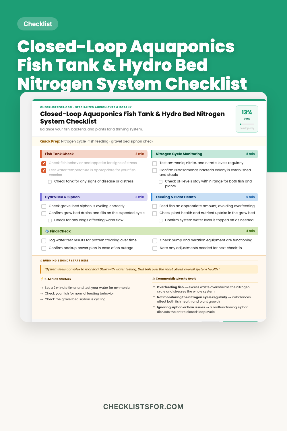 Closed-Loop Aquaponics Fish Tank & Hydro Bed Nitrogen System Checklist