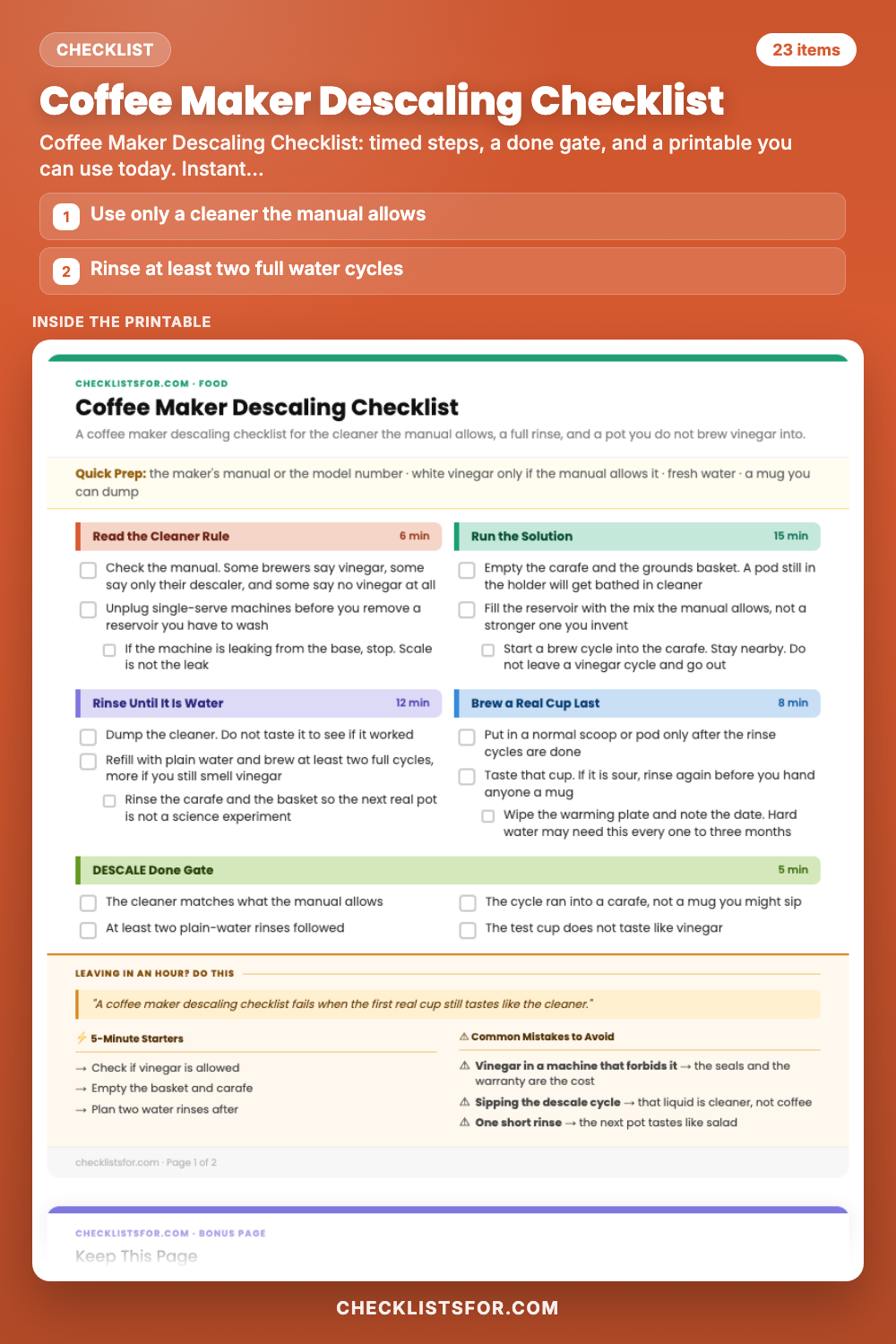 Coffee Maker Descaling Checklist