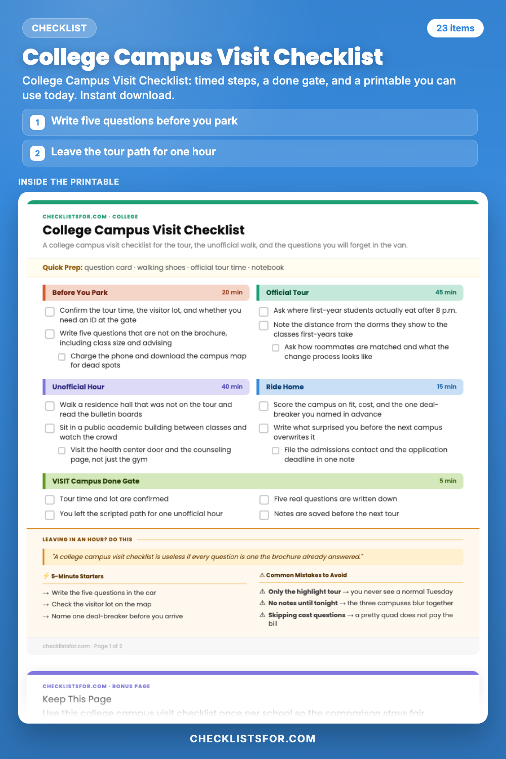 College Campus Visit Checklist cover, interactive checklist