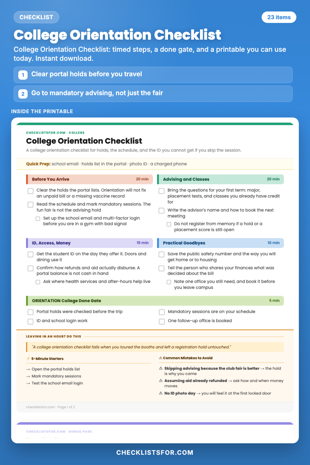 College Orientation Checklist cover, interactive checklist