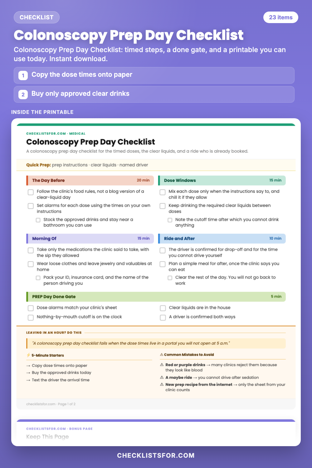 Colonoscopy Prep Day Checklist cover, interactive checklist