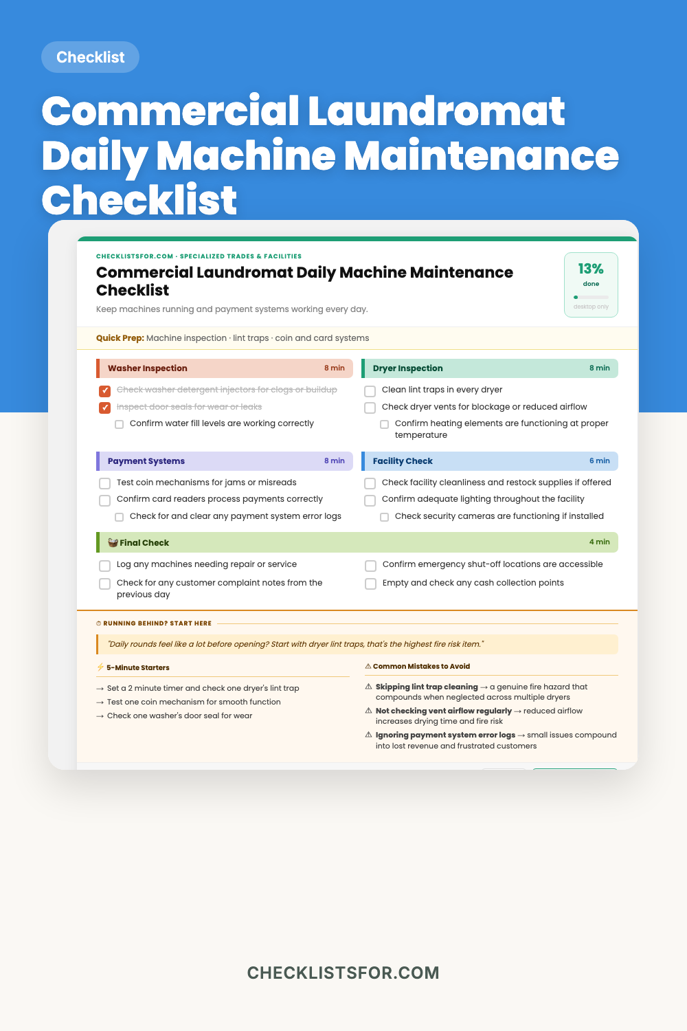 Commercial Laundromat Daily Machine Maintenance Checklist