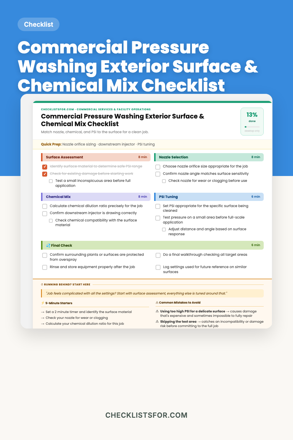 Commercial Pressure Washing Exterior Surface & Chemical Mix Checklist