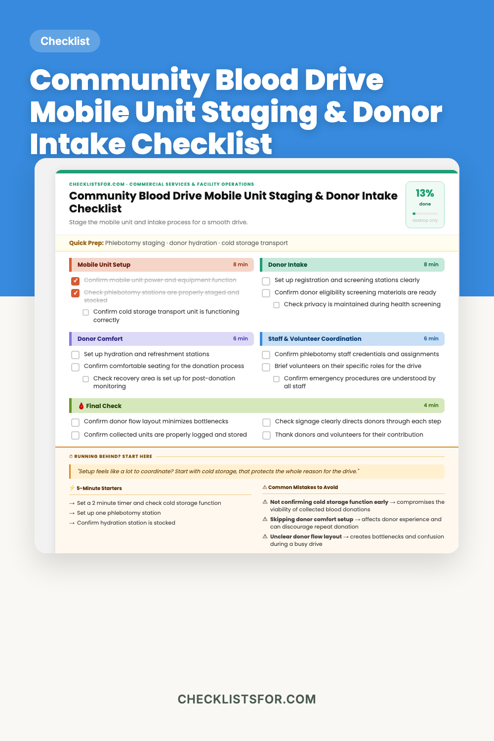 Community Blood Drive Mobile Unit Staging & Donor Intake Plan Checklist cover