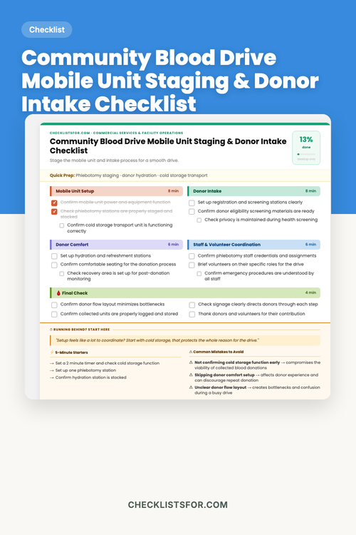 Community Blood Drive Mobile Unit Staging & Donor Intake Plan Checklist cover
