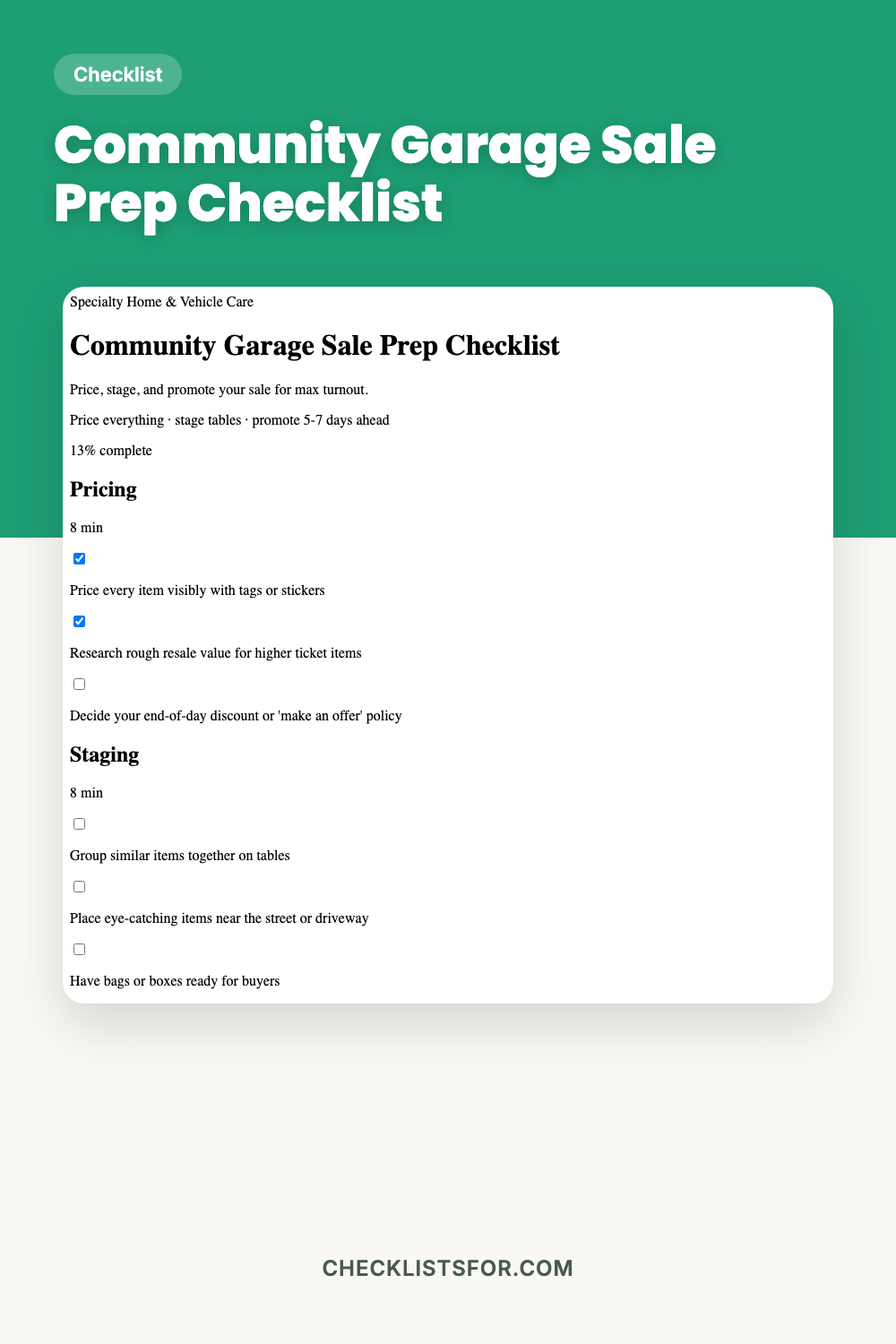 Community Garage Sale Prep Checklist