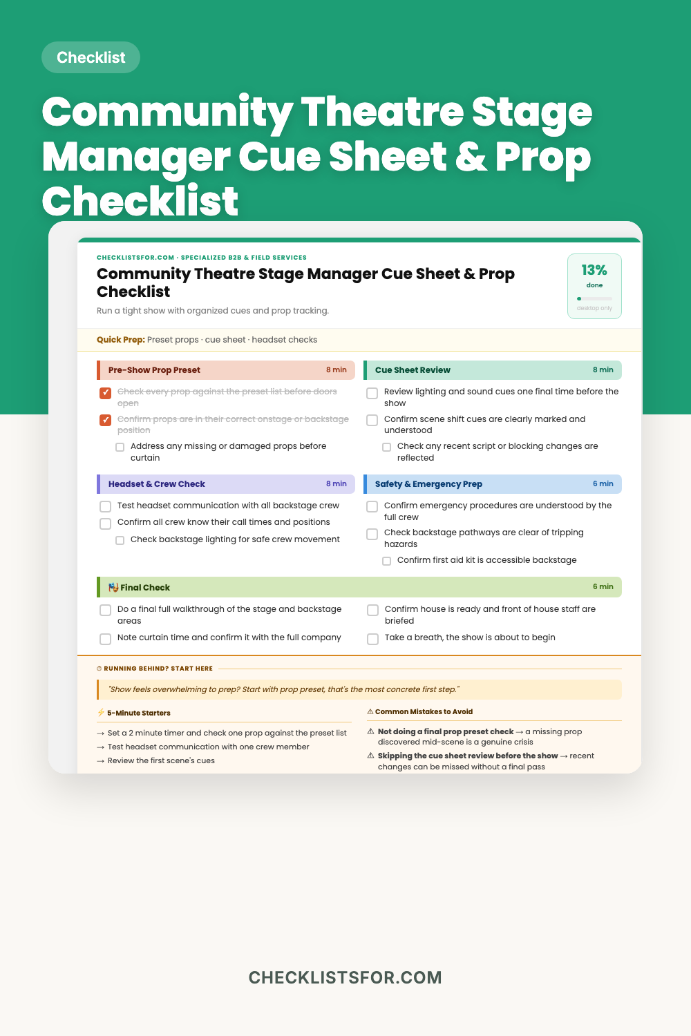 Community Theatre Stage Manager Cue Sheet & Prop Audit Checklist cover