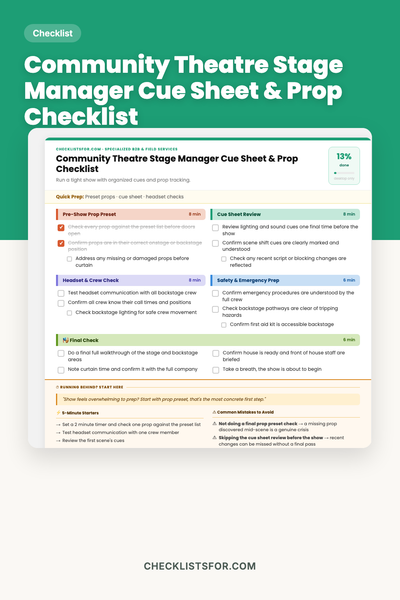 Community Theatre Stage Manager Cue Sheet & Prop Checklist