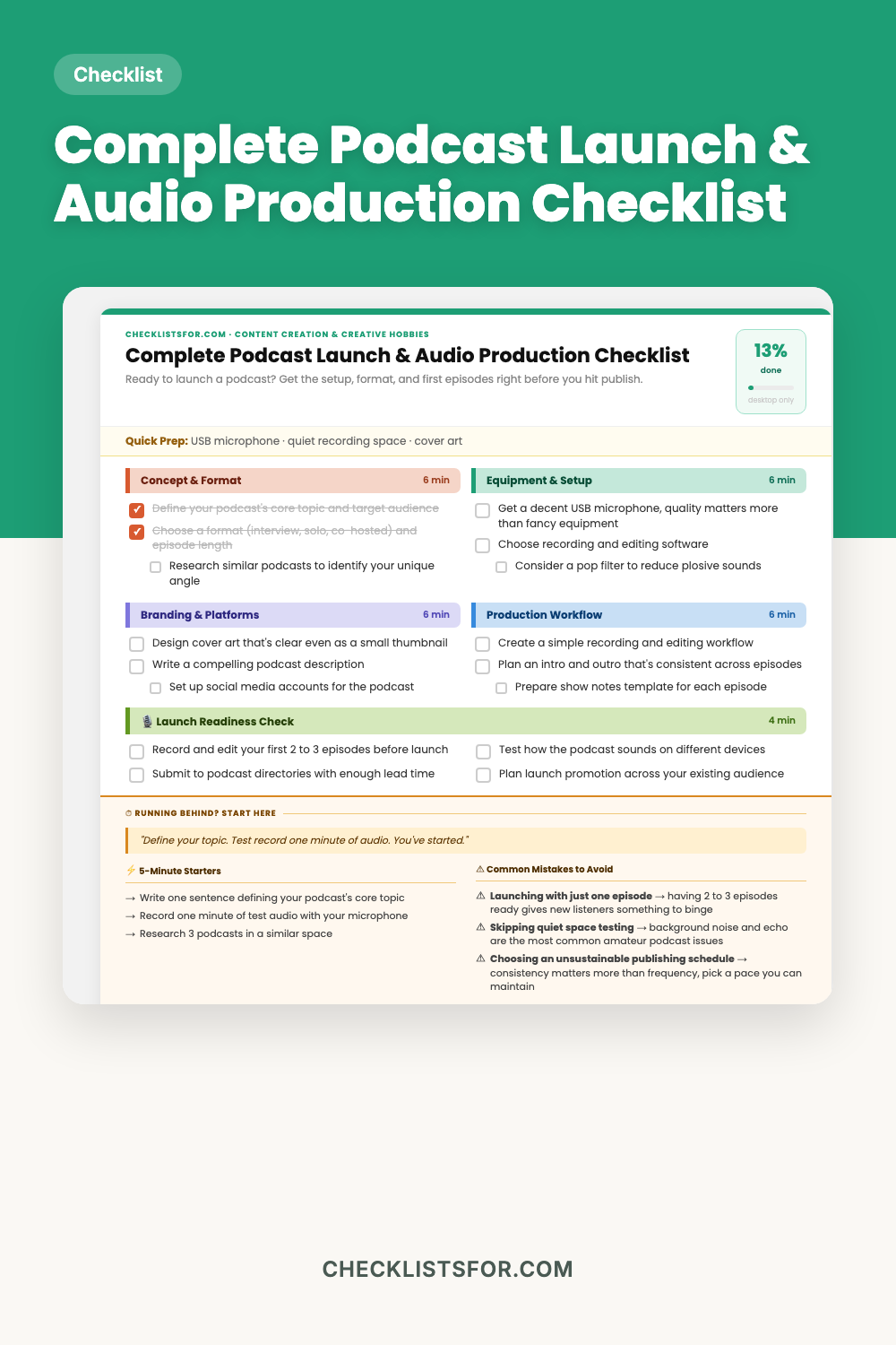 Complete Podcast Launch & Audio Production Checklist cover, interactive checklist