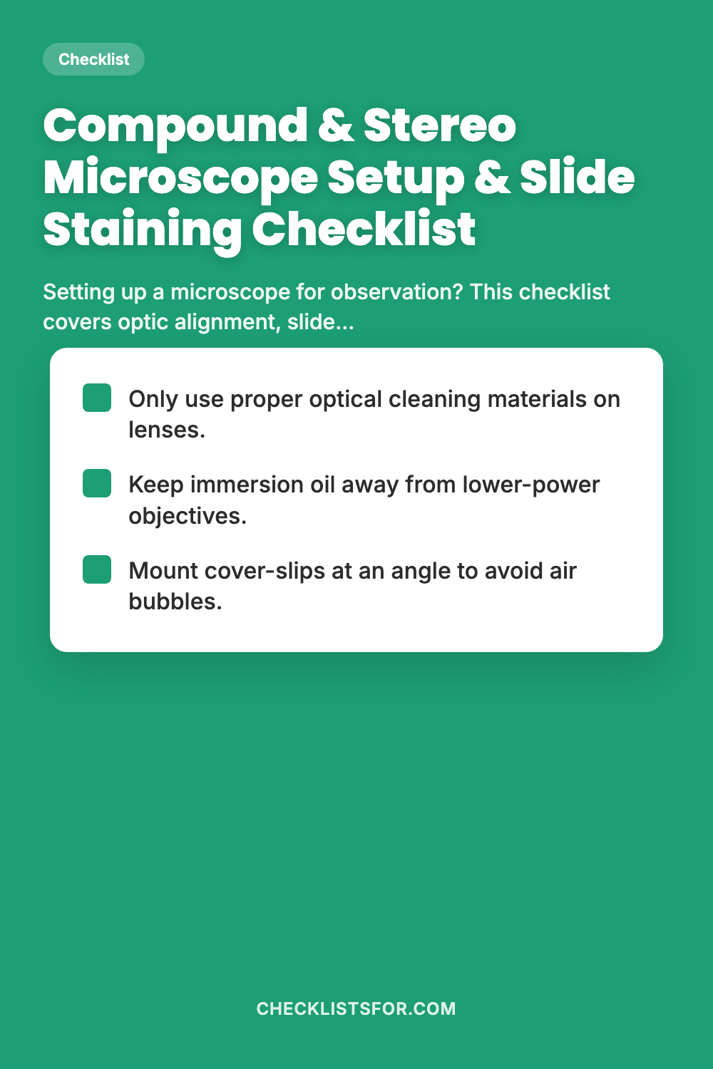 Compound & Stereo Microscope Setup & Slide Staining Checklist