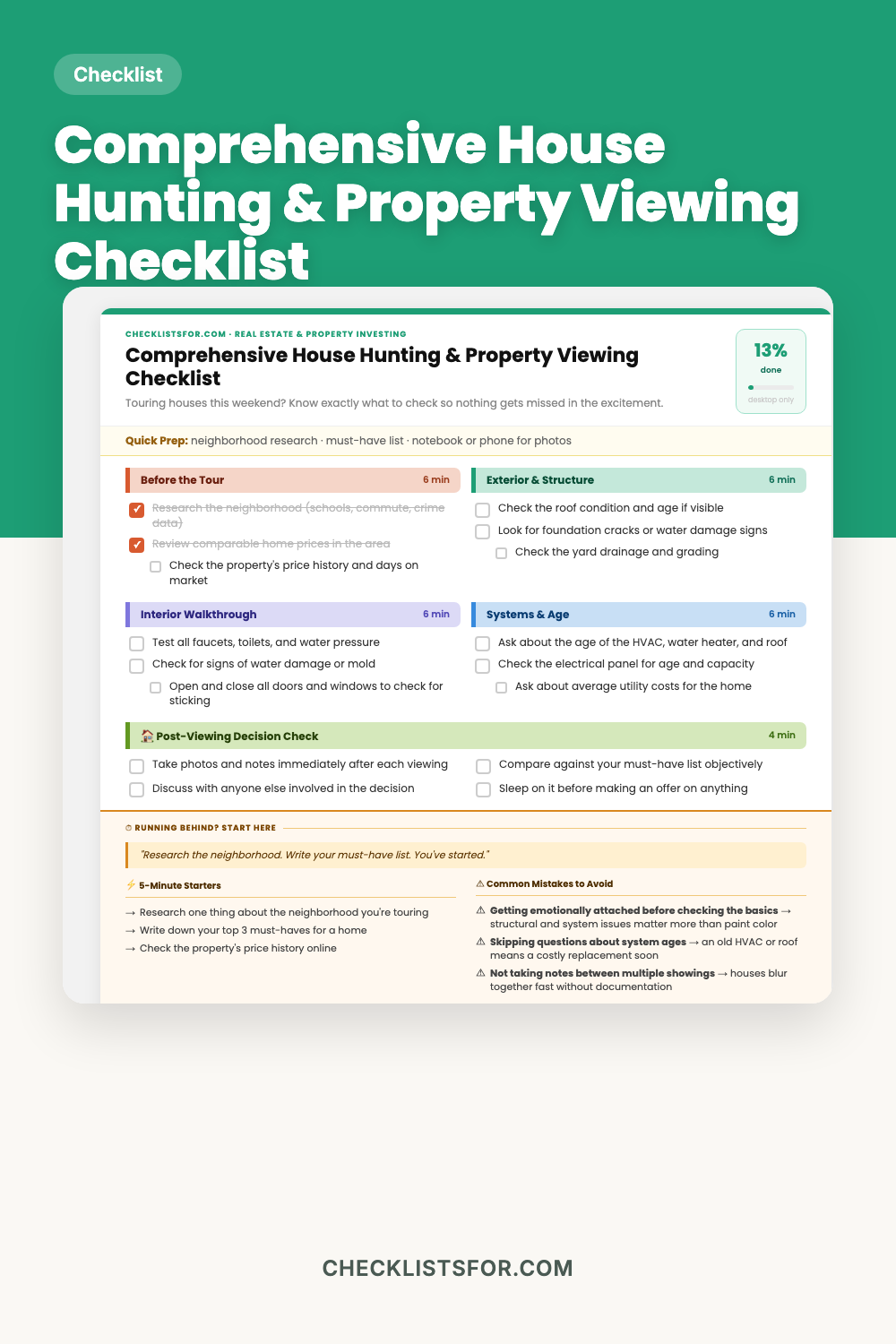 Comprehensive House Hunting & Property Viewing Checklist cover, interactive checklist