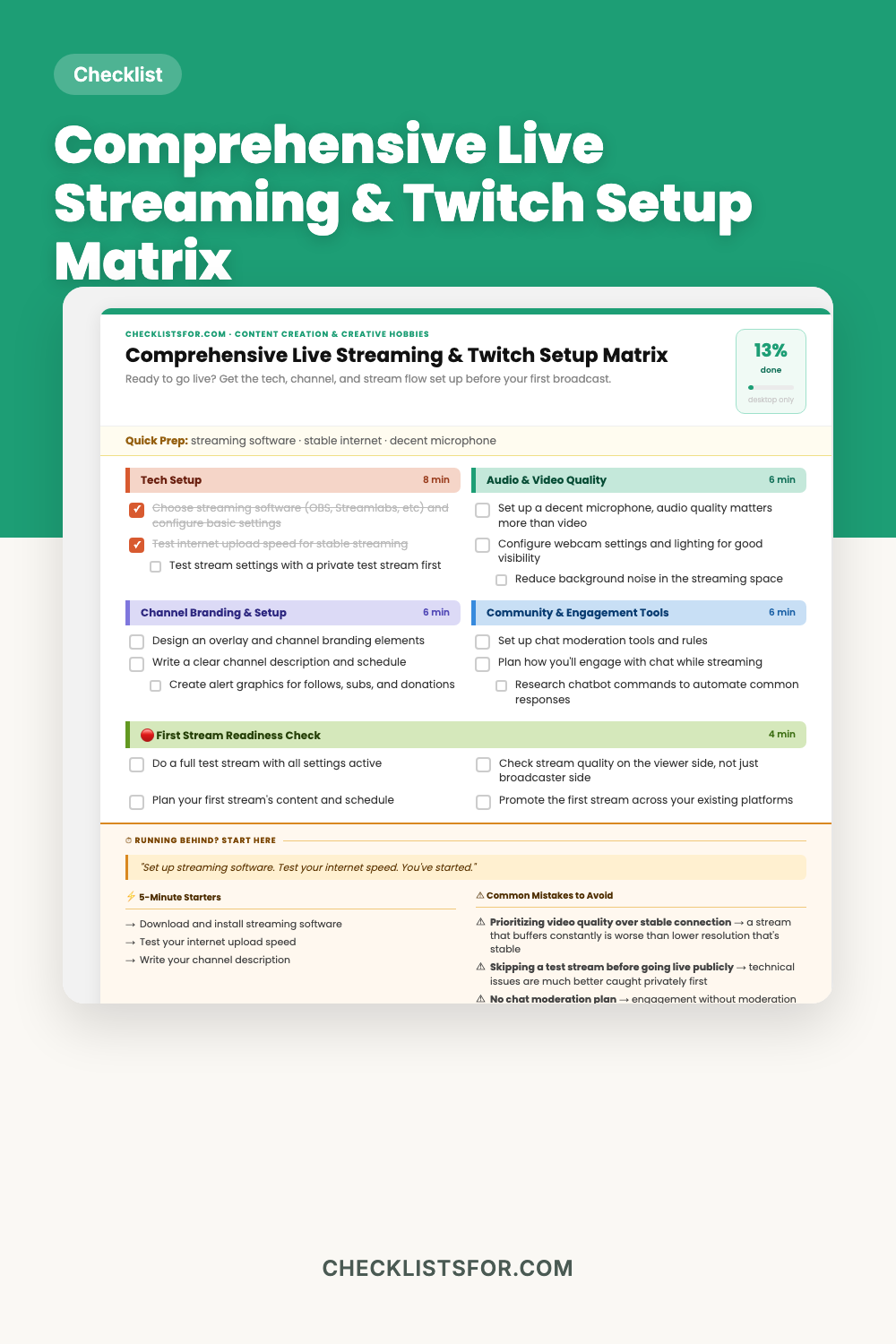 Comprehensive Live Streaming & Twitch Setup Matrix cover, interactive checklist