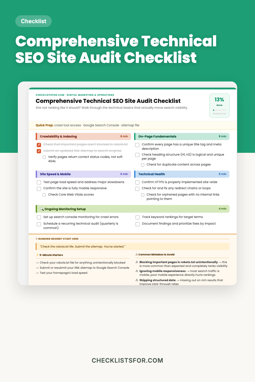 Comprehensive Technical SEO Site Audit Checklist cover, interactive checklist
