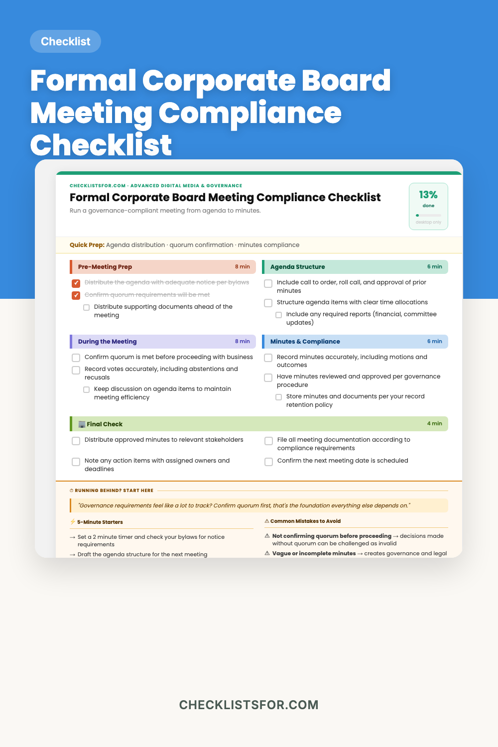 Formal Corporate Board Meeting Agenda & Minutes Compliance Checklist cover