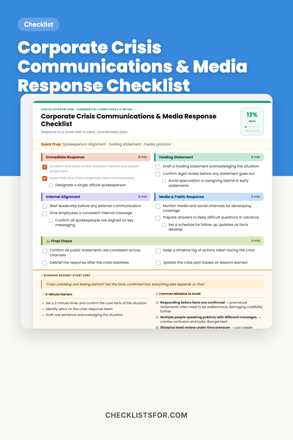 Corporate Crisis Communications & Media Response Protocol Checklist cover