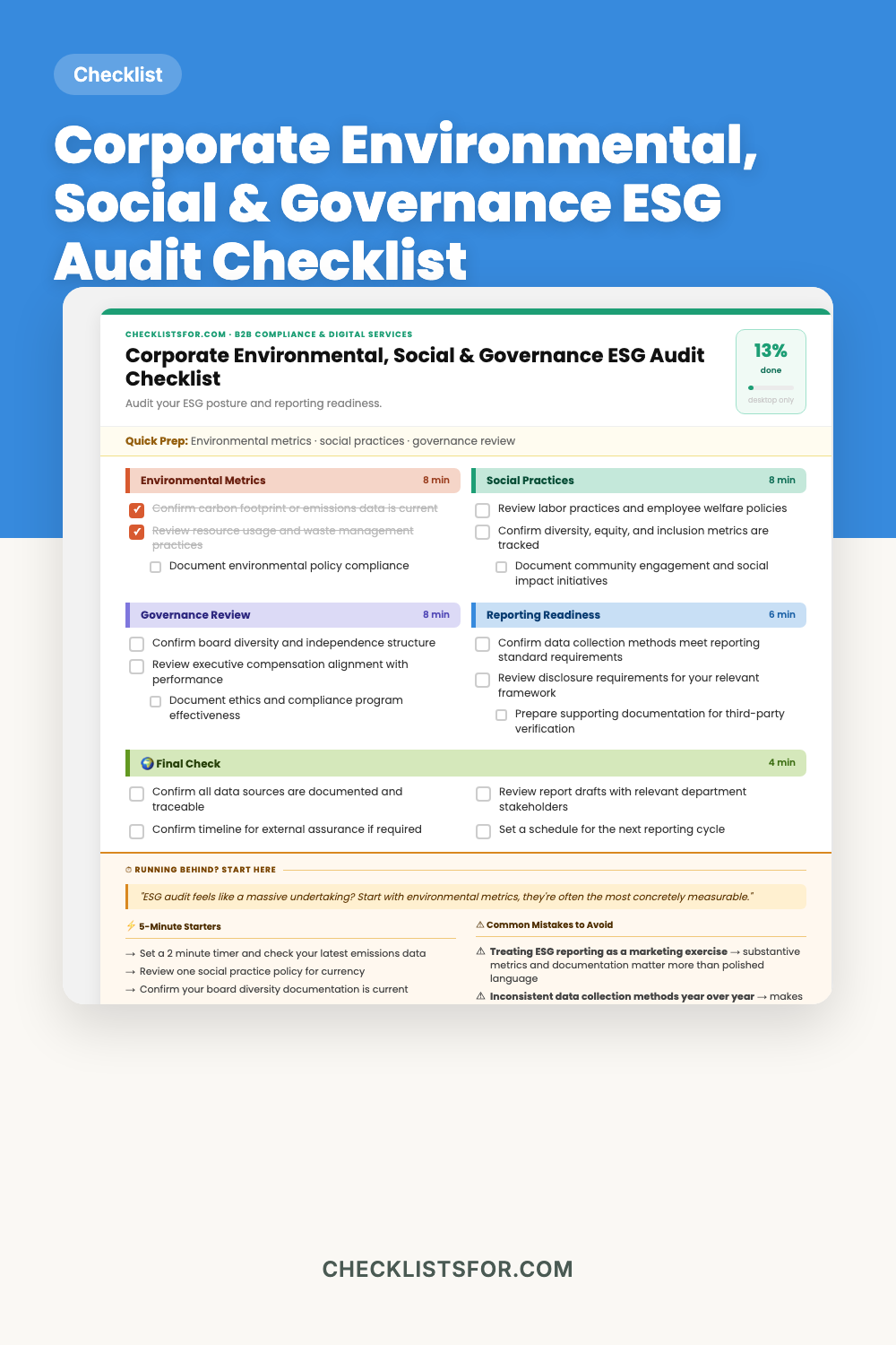Corporate Environmental, Social & Governance ESG Audit Checklist cover