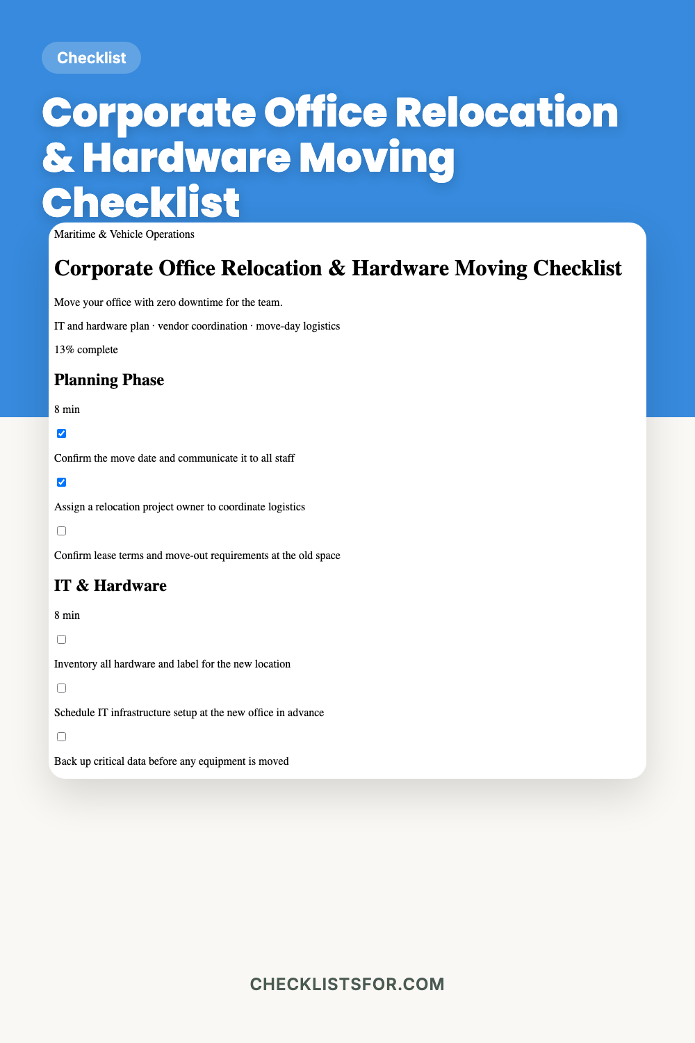 Corporate Office Relocation & Hardware Moving Checklist