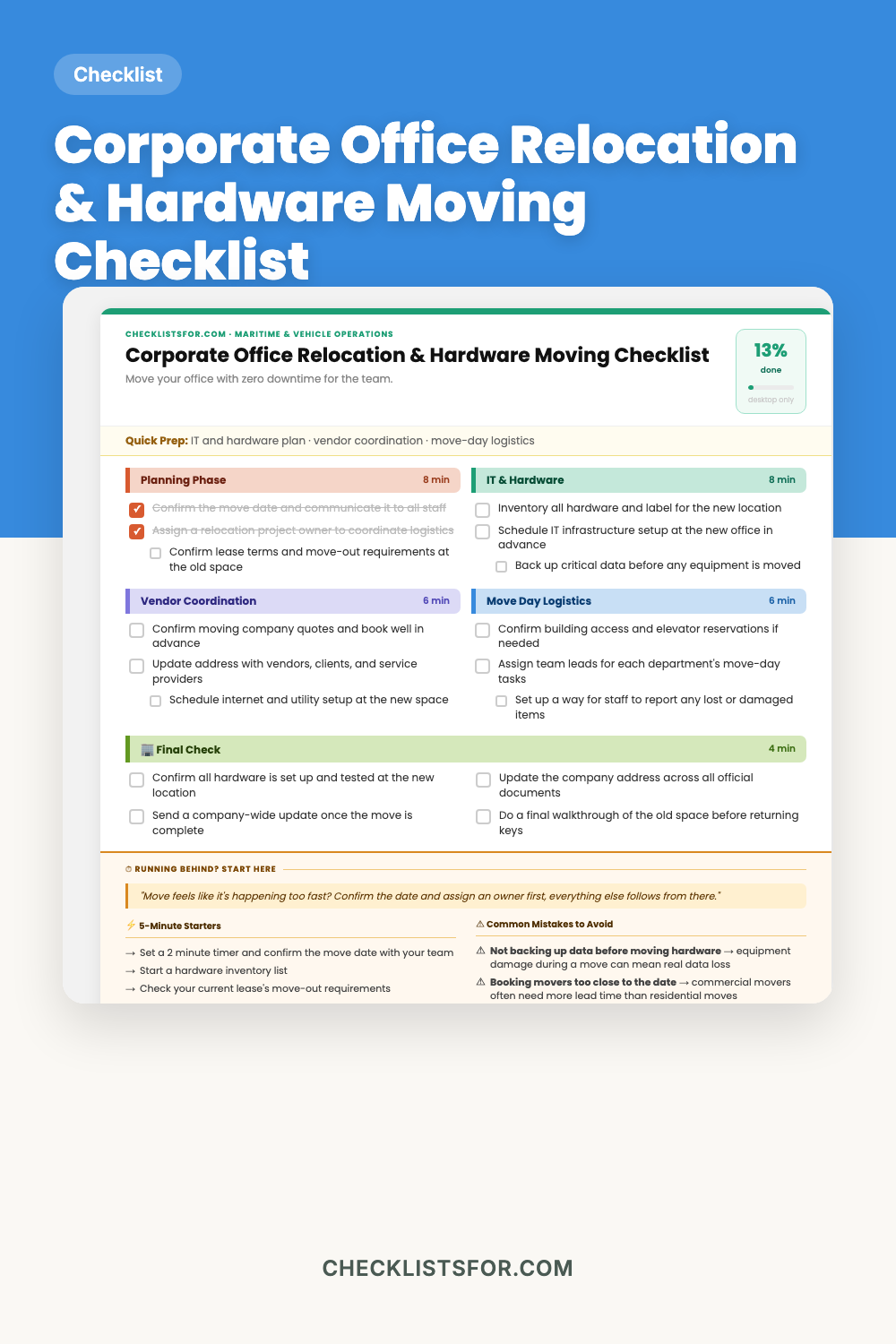 Corporate Commercial Office Relocation & Hardware Moving Plan Checklist cover