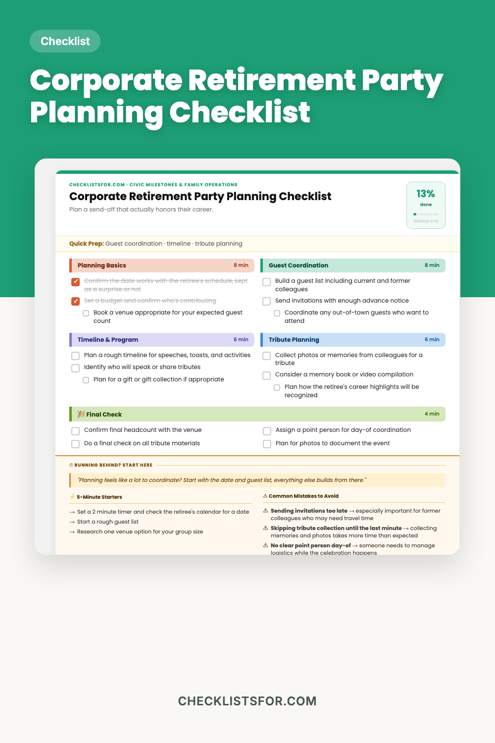 Corporate Retirement Party Planning, Timeline & Guest Coordination Checklist cover