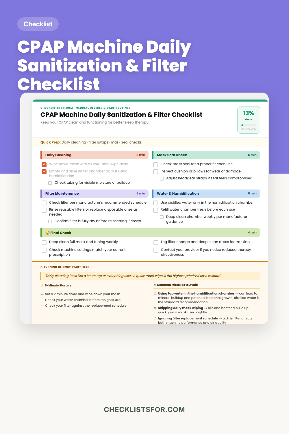 CPAP Machine Daily Sanitization, Filter Swap & Water Log Checklist cover