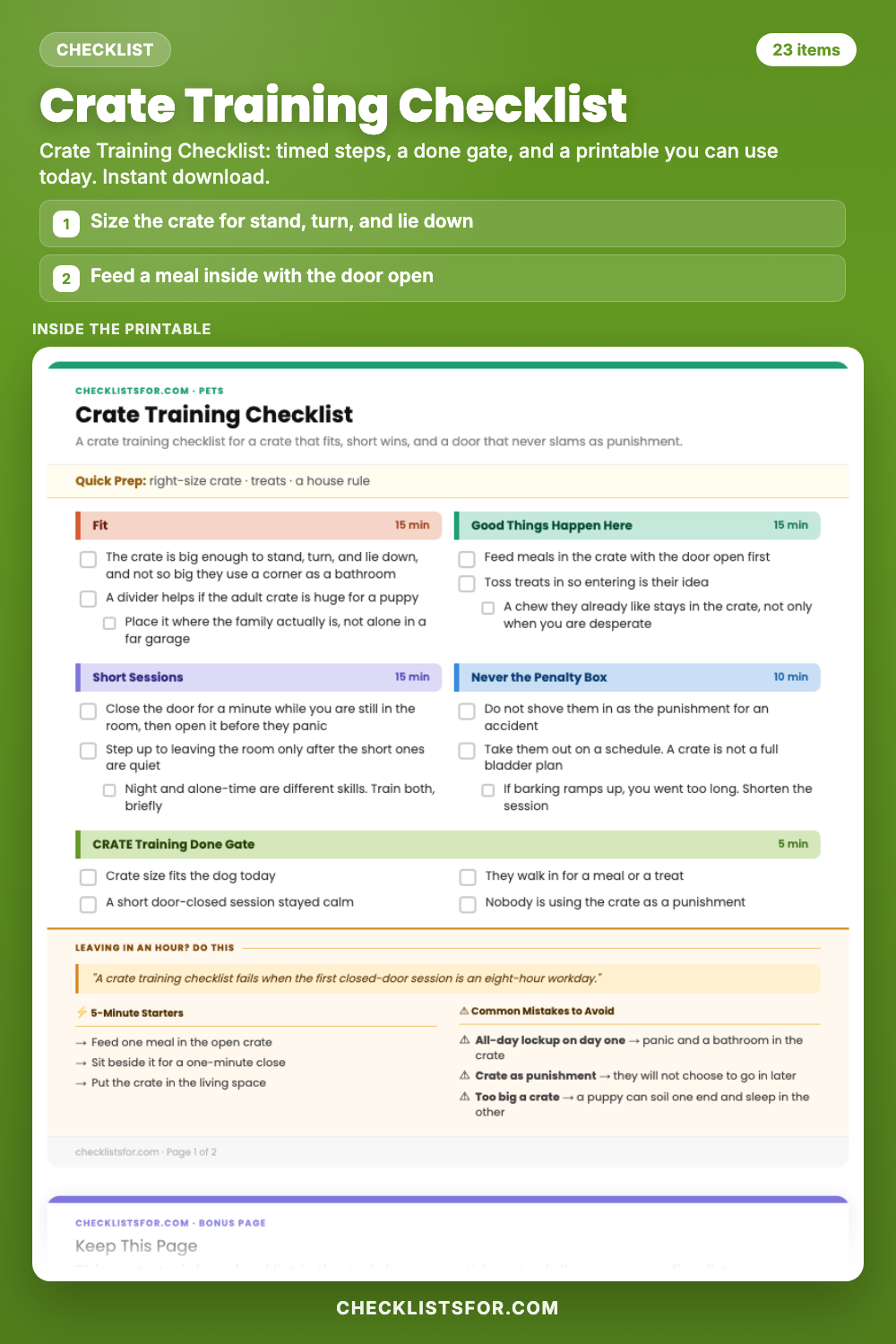 Crate Training Checklist cover, interactive checklist