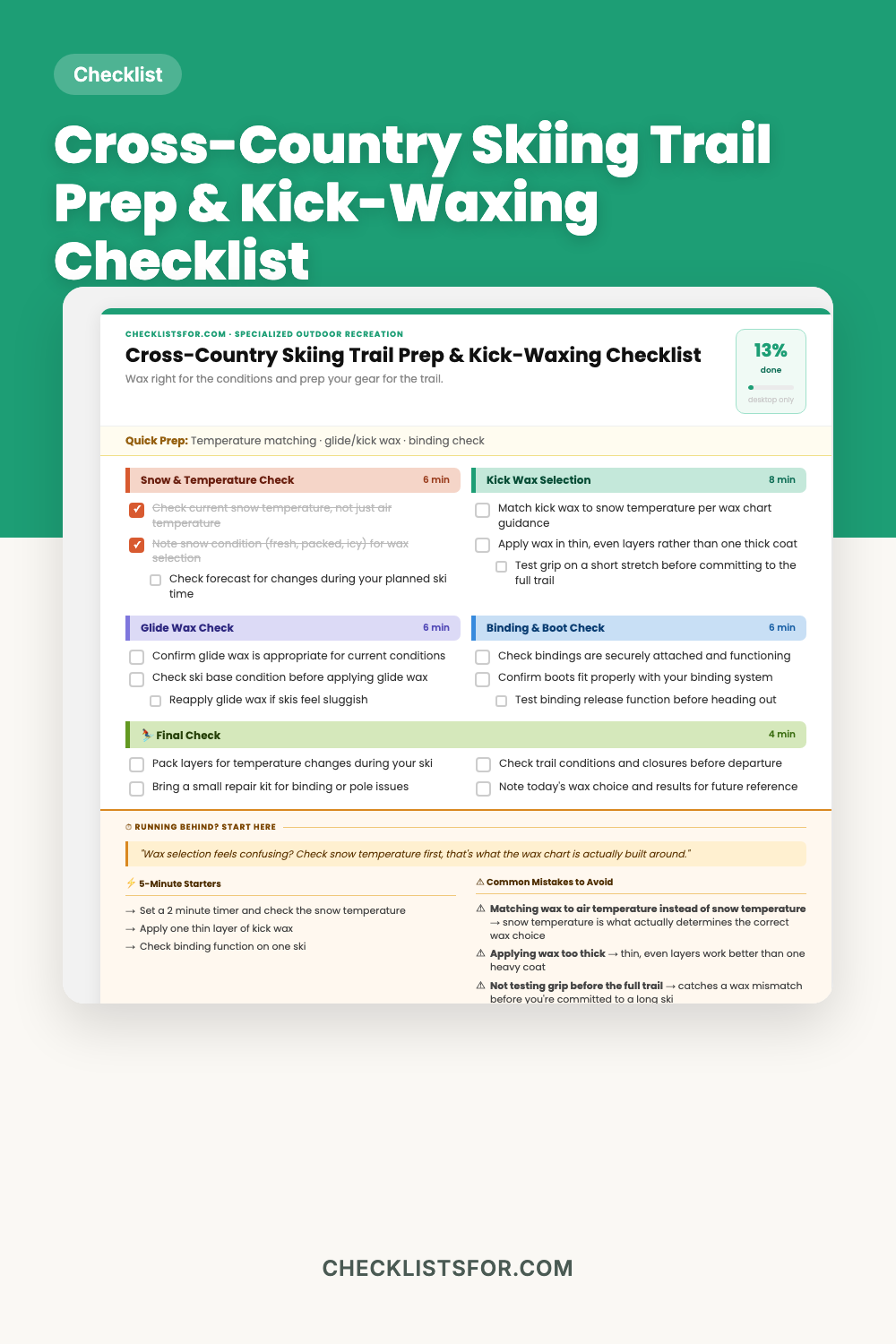 Cross-Country Skiing Trail Prep & Kick-Waxing Weather Matrix Checklist cover