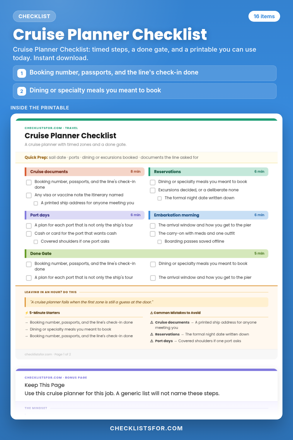 Cruise Planner Checklist cover, interactive checklist