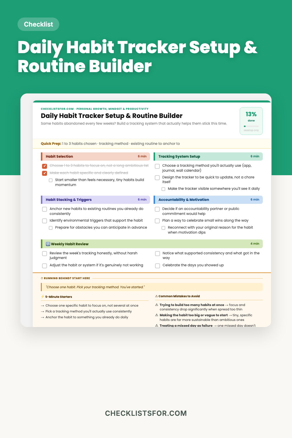 Daily Habit Tracker Setup & Routine Builder cover, interactive checklist