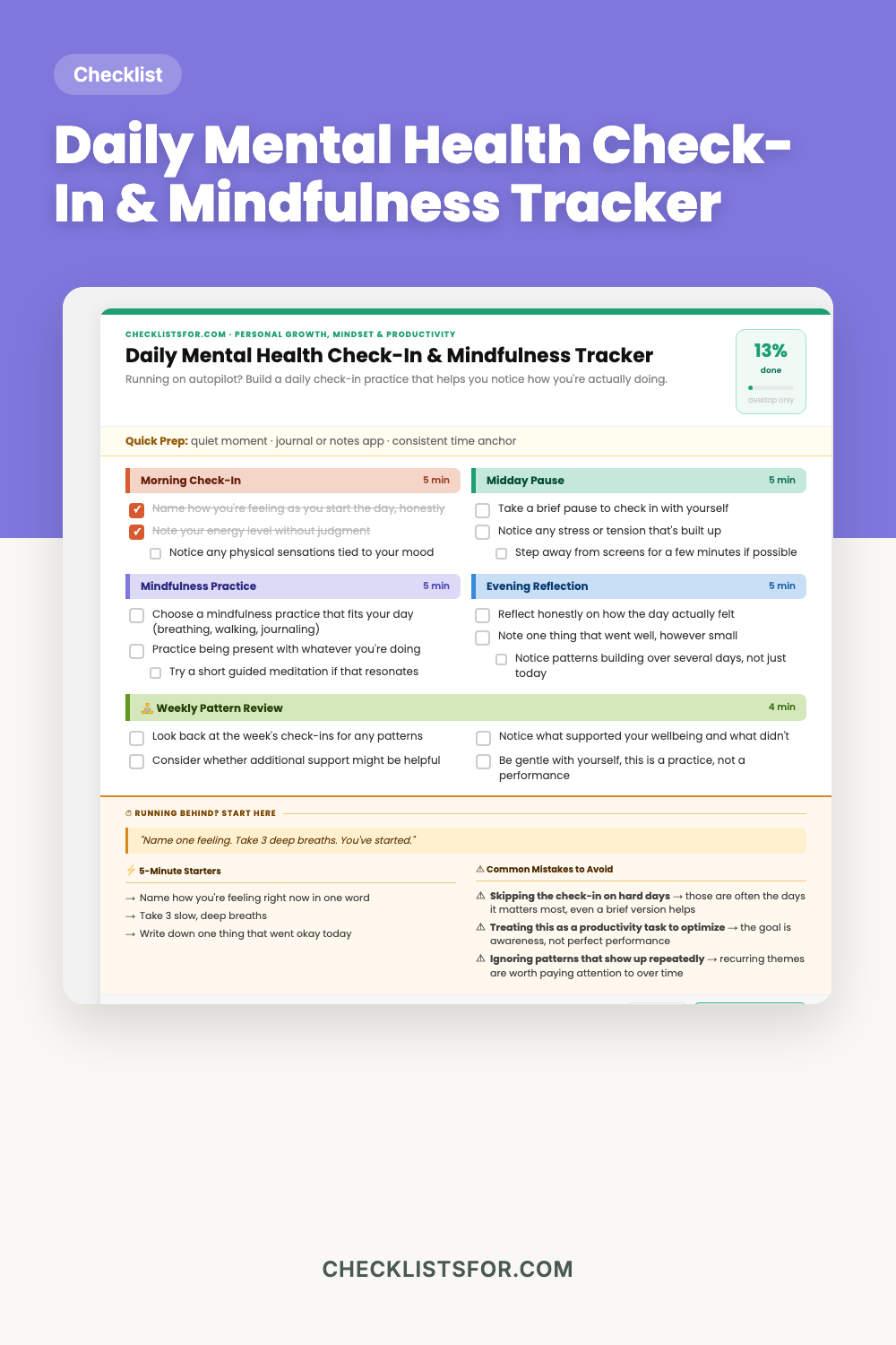 Daily Mental Health Check-In & Mindfulness Tracker cover, interactive checklist