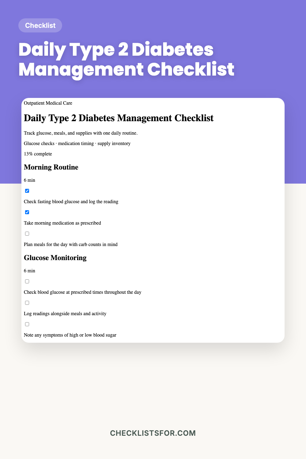 Daily Type 2 Diabetes Management Checklist