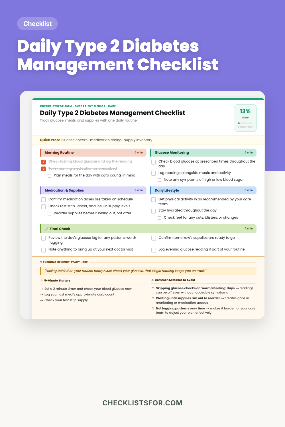 Daily Type 2 Diabetes Management Routine & Supply Inventory Checklist cover