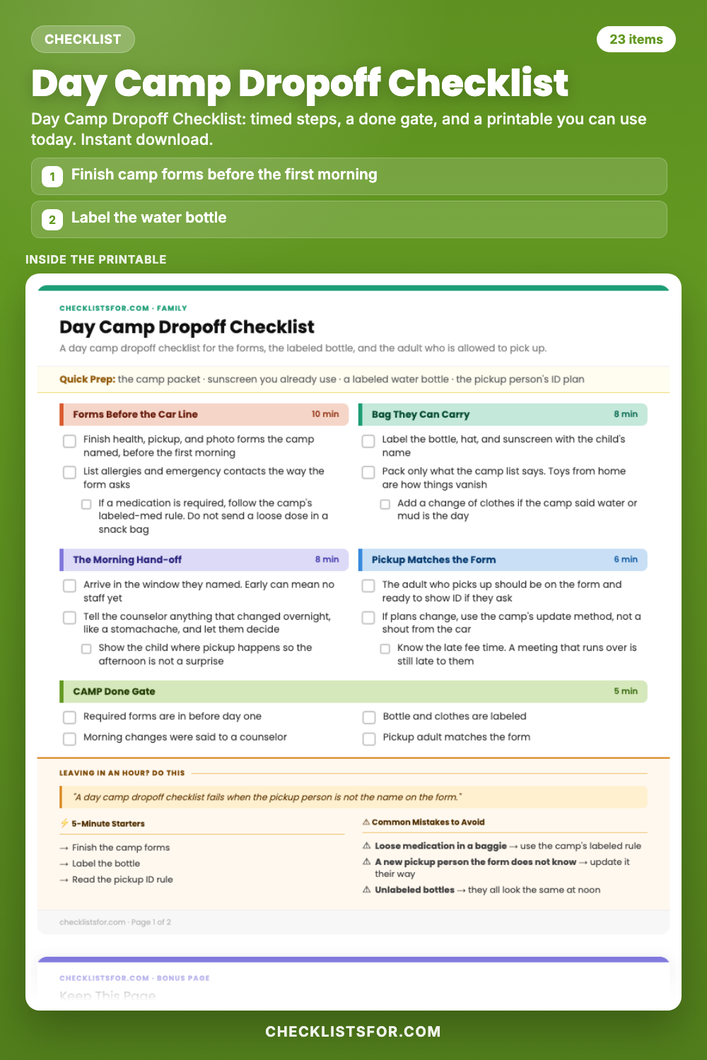 Day Camp Dropoff Checklist