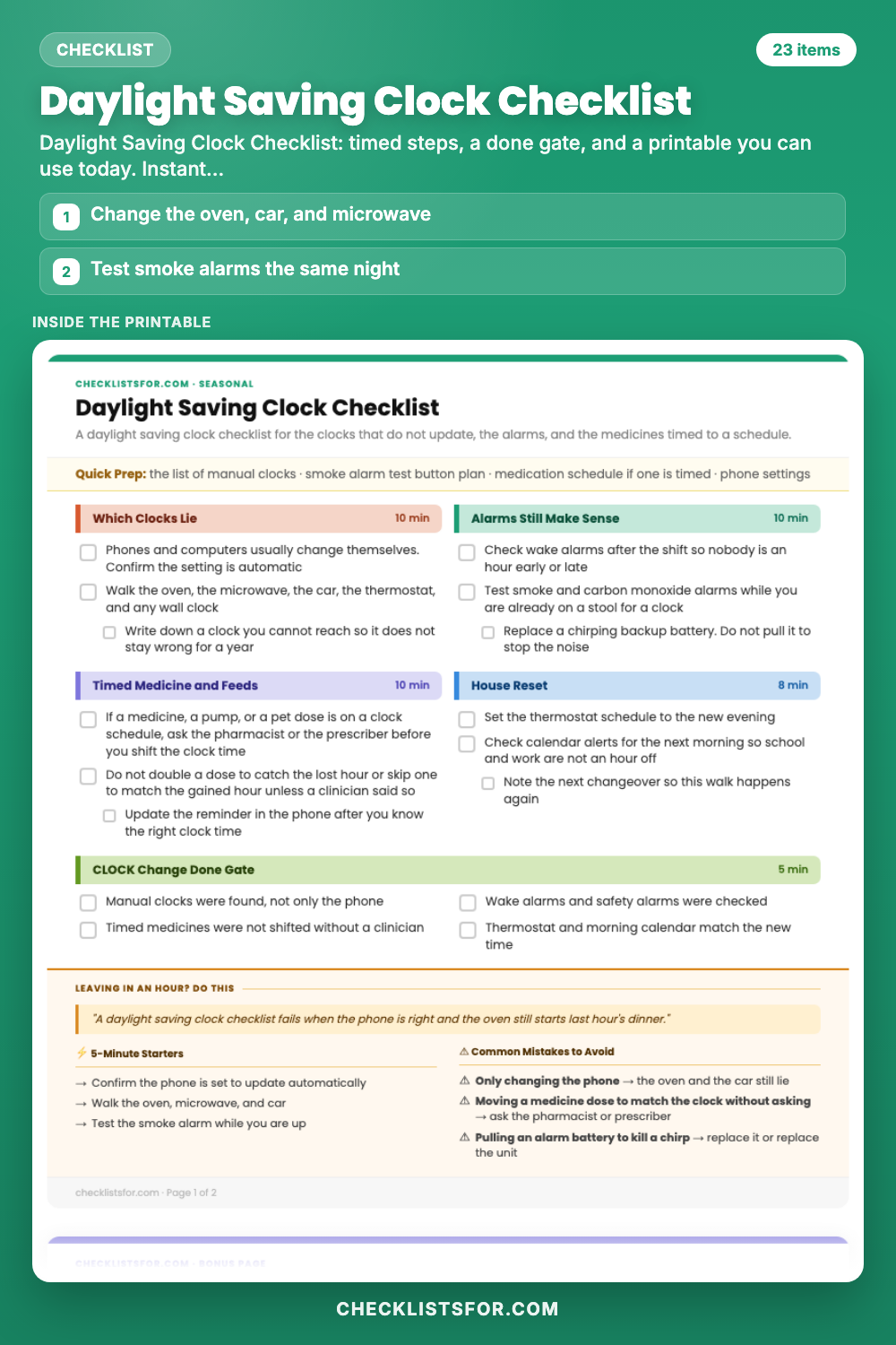 Daylight Saving Clock Checklist
