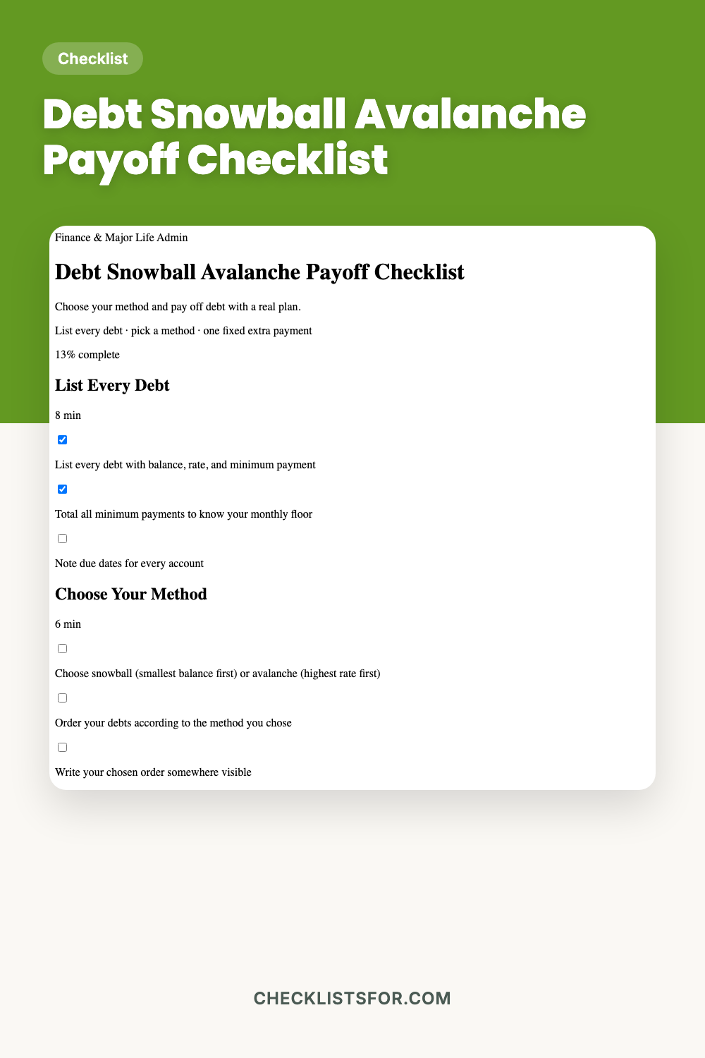 Debt Snowball Avalanche Payoff Checklist
