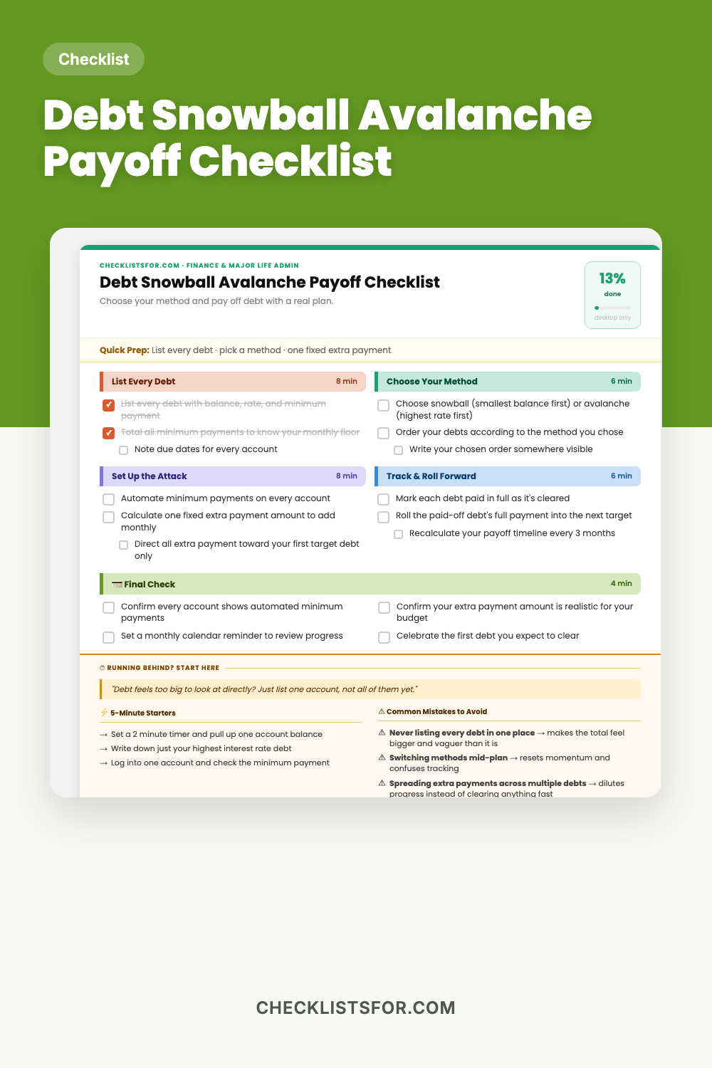 Debt Snowball Avalanche Payoff Checklist cover, debt payoff planner